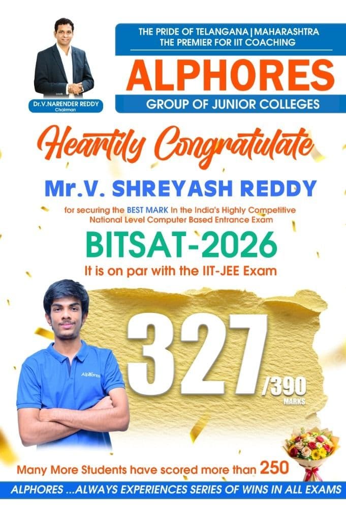 Alphores Group of Junior Colleges — BITSAT 2026 — V. Shreyash Reddy scored 327 out of 390