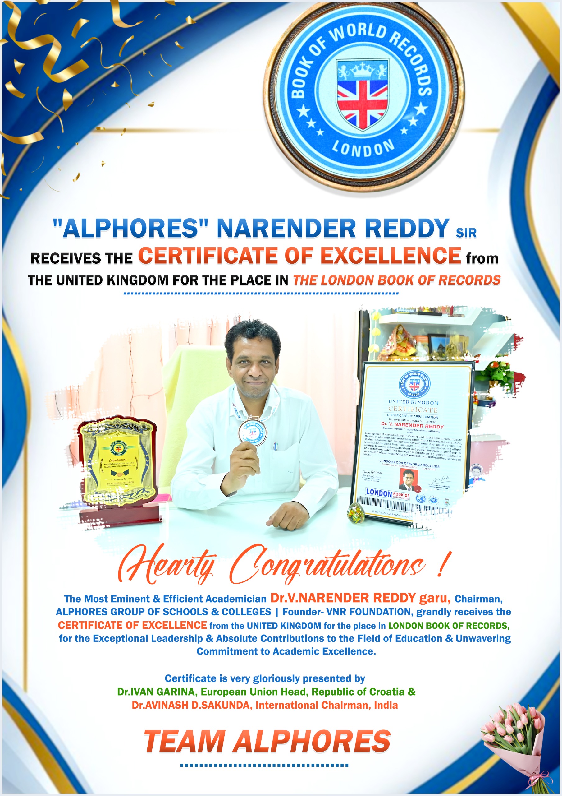 Alphores chairman Dr. V. Narender Reddy receives the London Book of World Records Certificate of Excellence